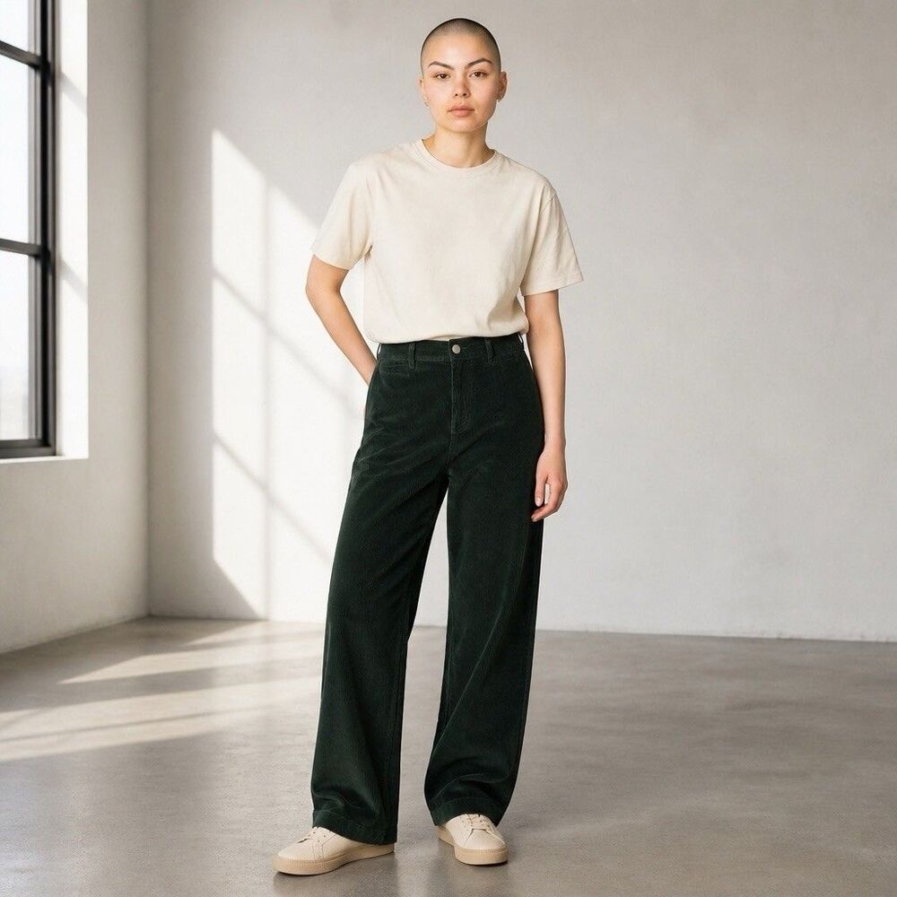Madewell Women Emmett Wide-Leg Corduroy High Rise Pants Dark Green Size P24‎
